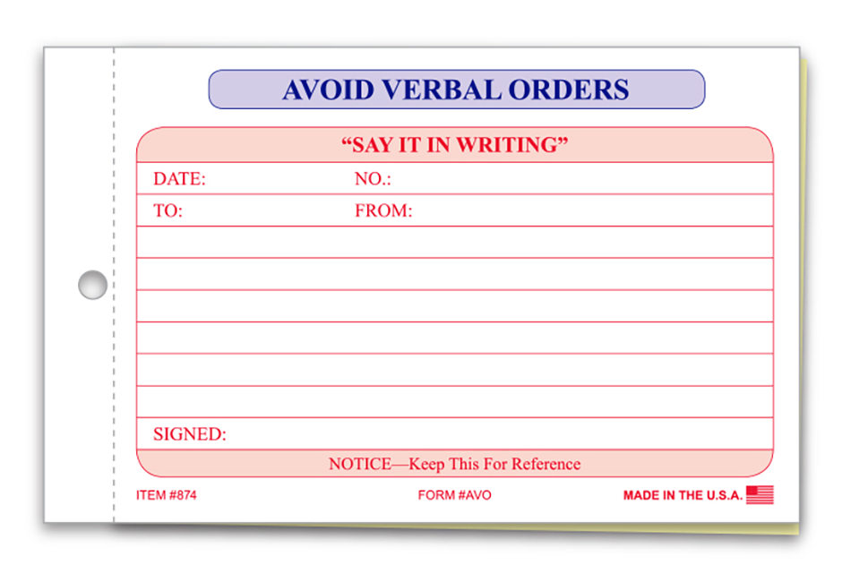 Avoid Verbal Orders Book (AVO)