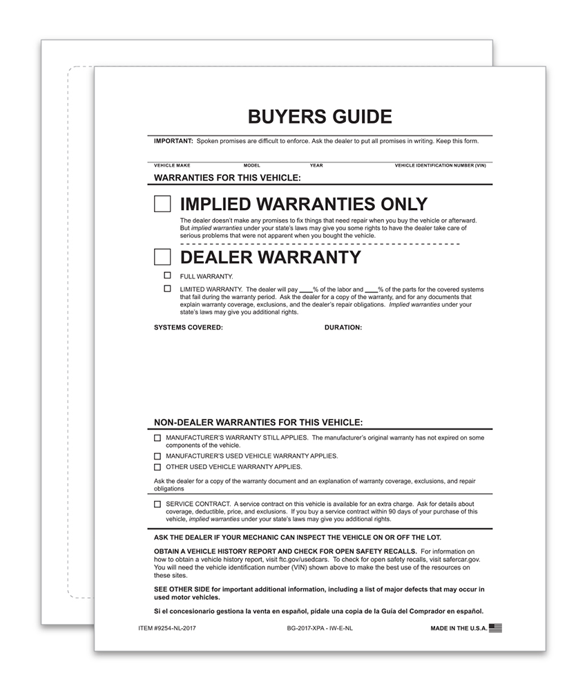 1-Part Exterior Buyers Guide - Implied Warranties (No Lines) (BG-2017-XPA - IW-E-NL)