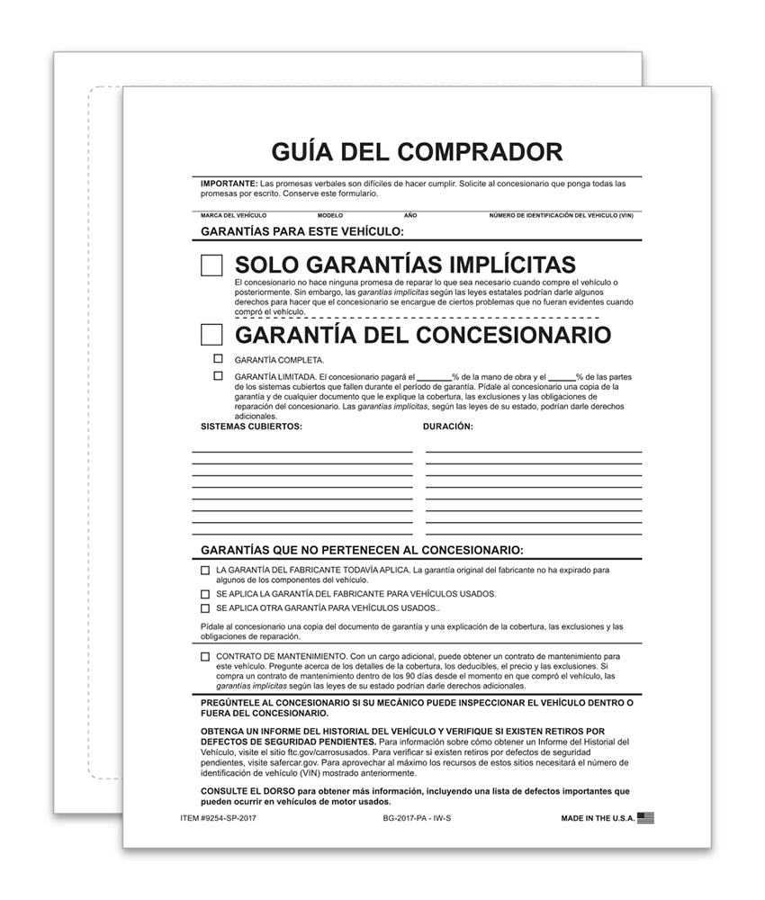 1-Part Exterior Buyers Guide - Implied Warranties (Spanish) (BG-2017-PA - IW-S)