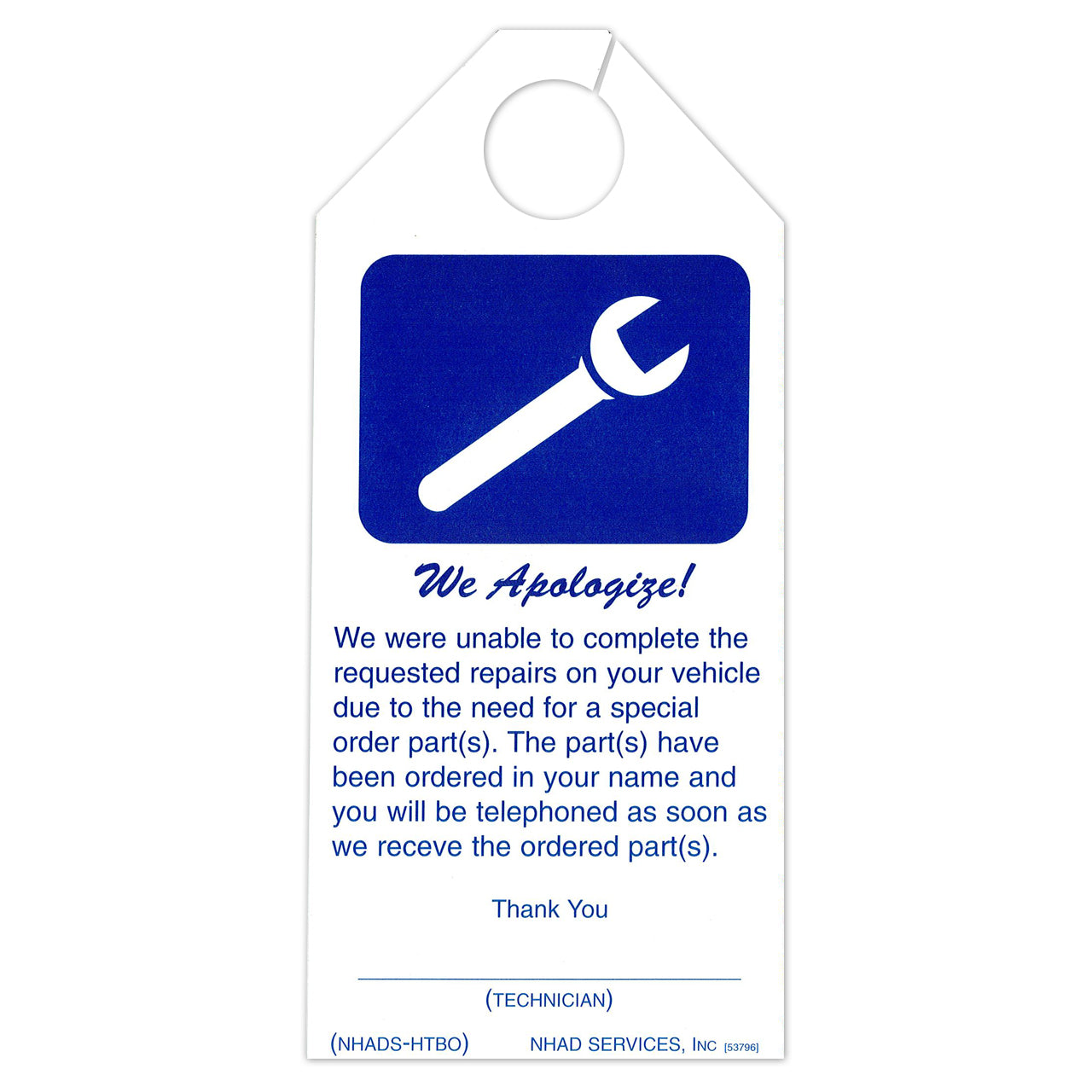 Service "We Apologize" Hang Tags