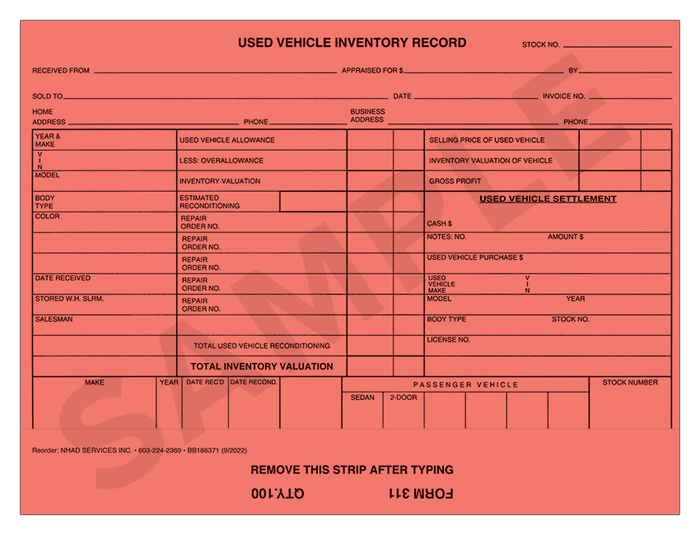 Service Card Inventory Used Vehicle Inventory Record Card