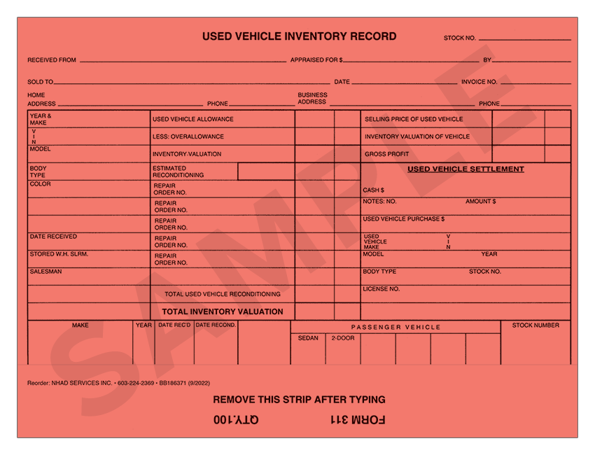 Used Vehicle Inventory Record Card