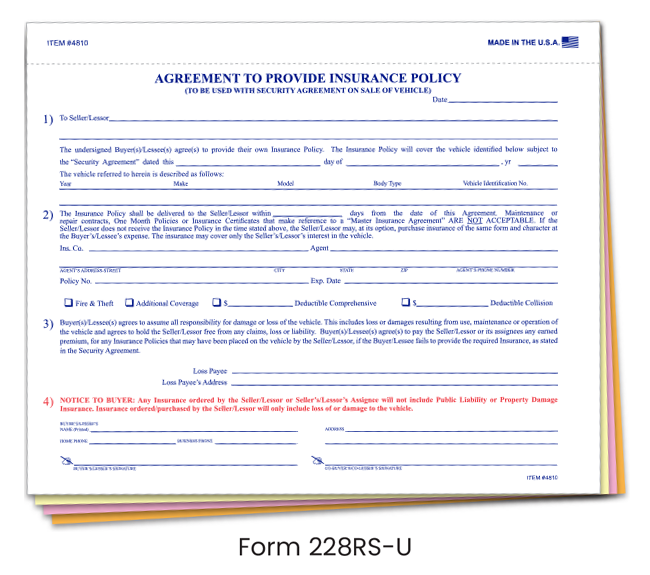 Agreement to Provide Insurance 4-Part (228R-U)