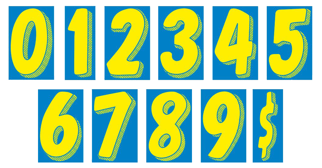 11-1/2" Shadow Number Decals - Yellow/Blue