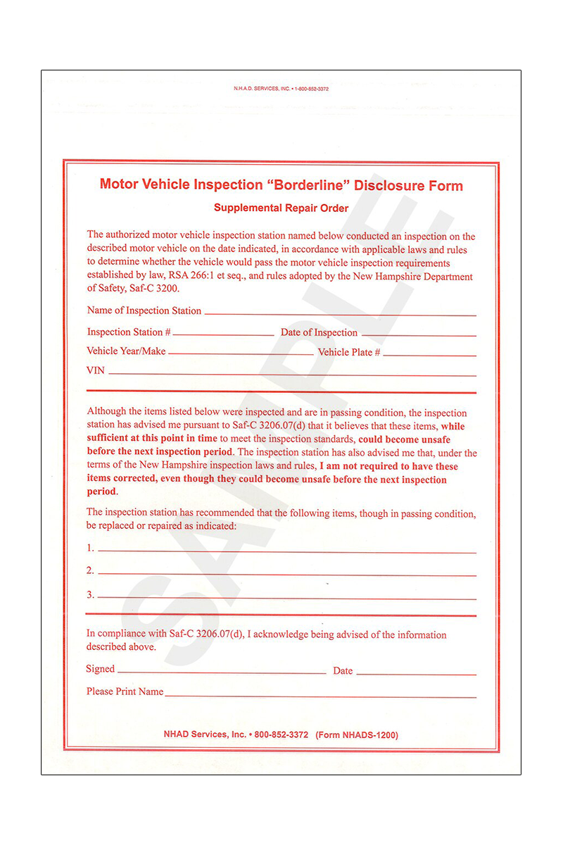 Motor Vehicle Inspection Borderline Disclosure Forms