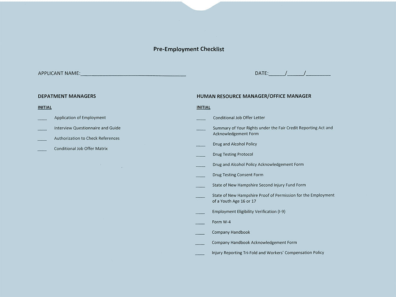 Pre-Employment Checklist Folders